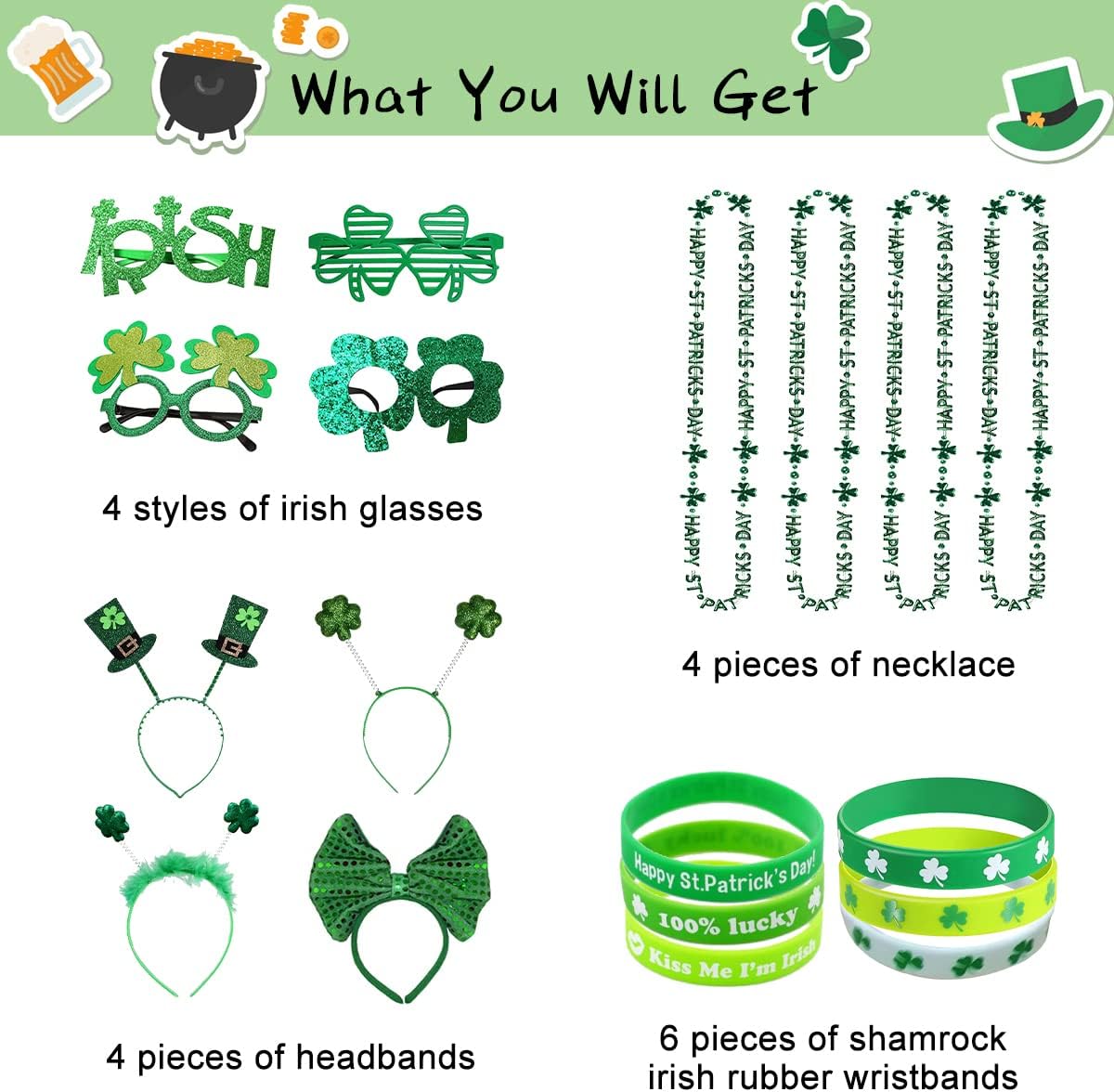 18 Pcs St. Patrick&#x27;s Day Accessories for Kids, St. Patrick&#x27;s Day Headbands, Lucky Bracelet, Shamrock Eyeglass and Clover Necklace for Irish Party Supplies Decorations