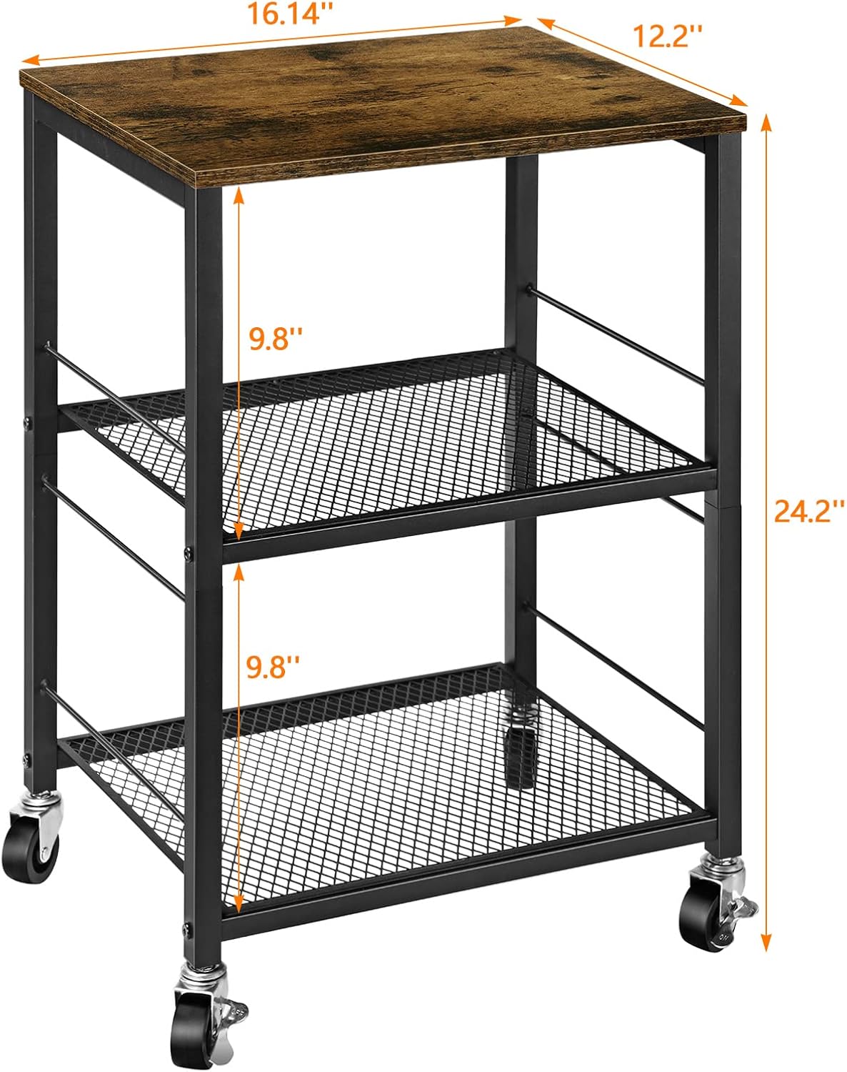 Side Table Small with Wheels Industrial Night Stand Storage Shelf 3 Tier Wood End Table with Metal Frame for Small Space Living Room Bedroom Kitchen Office