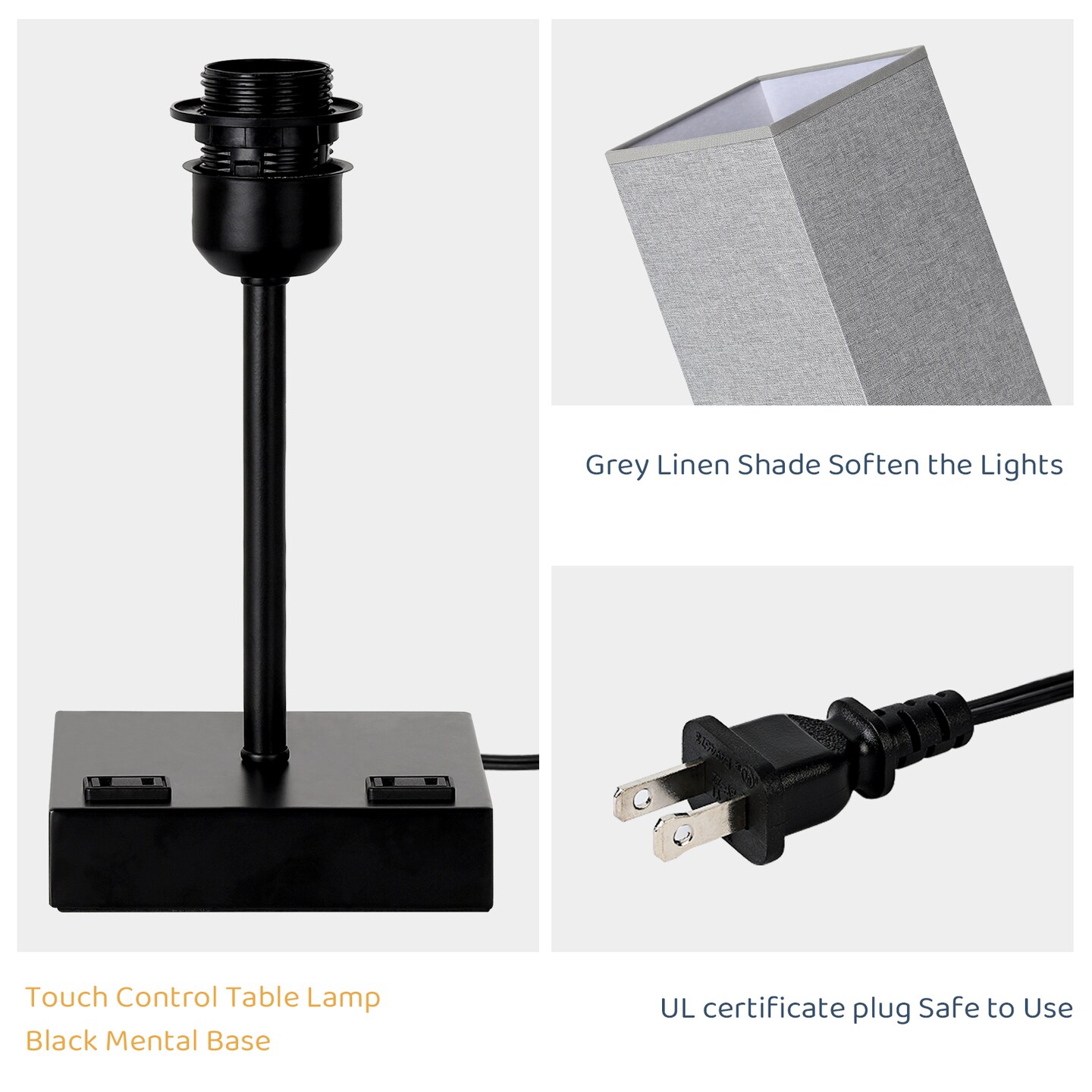 Gray Set of 2 Touch Lamps with USB Ports &#x26; AC Outlets