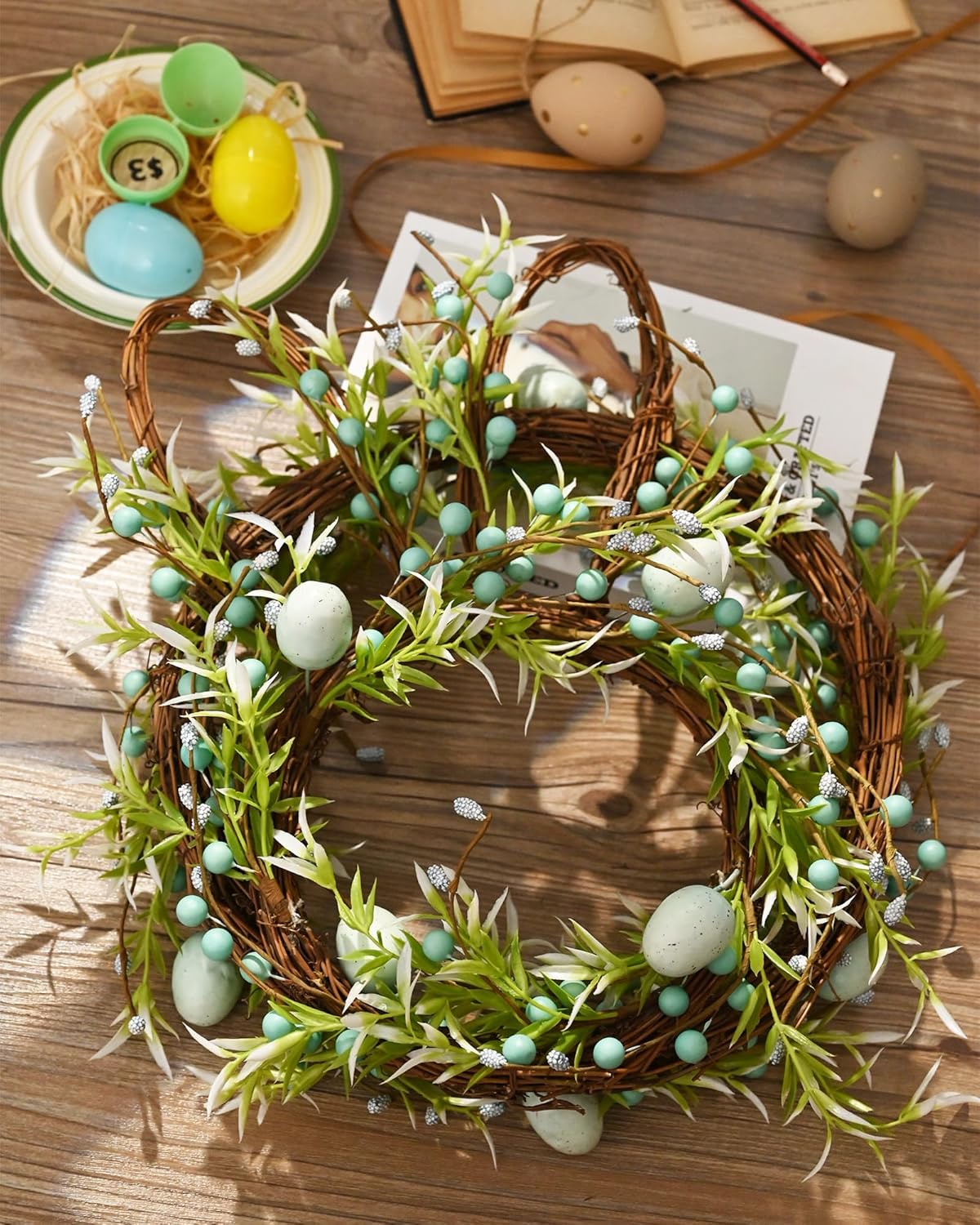 Easter Bunny Spring Wreath with Egg, Twig and Berries Green Rabbit Easter Wreath for Front Door Decorations Home Farmhouse Outdoor Indoor Wall Mantel Window