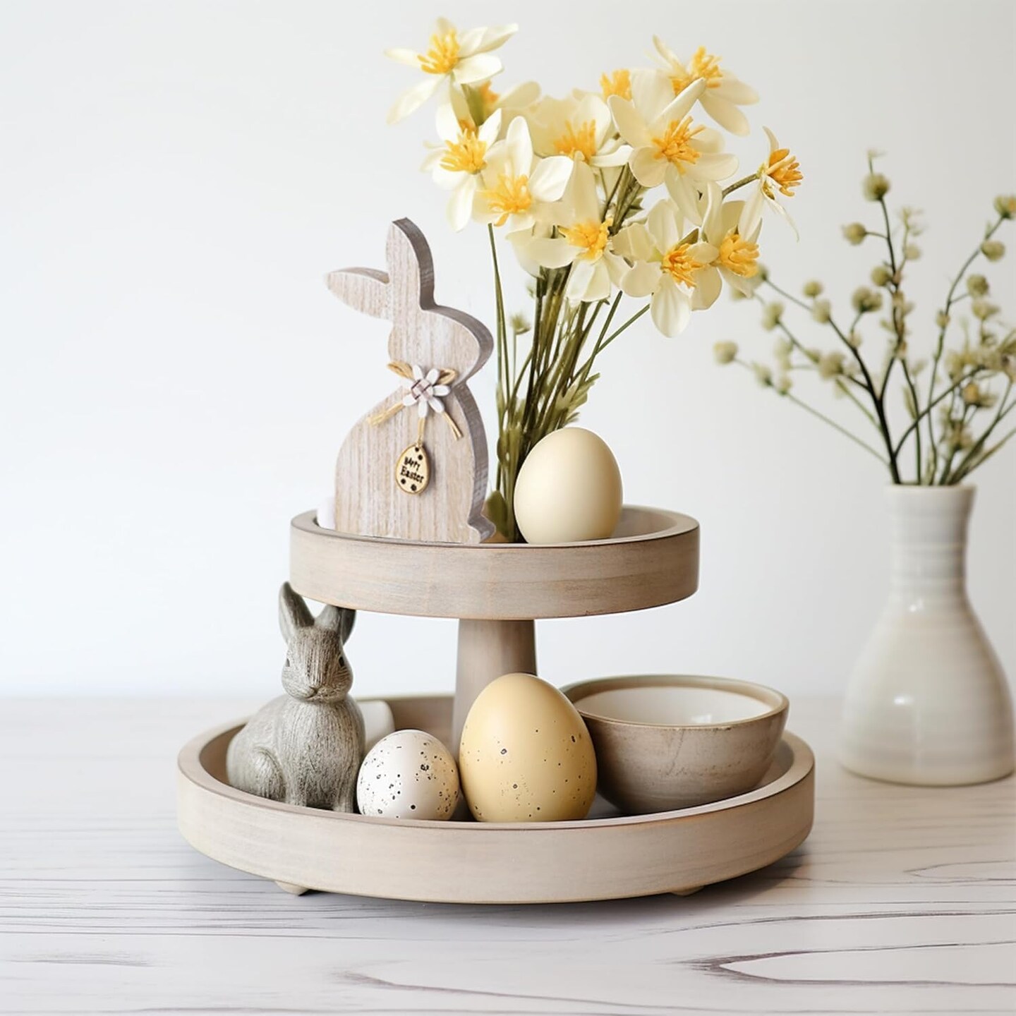 2 Piece Easter Wooden Bunny Decor - Farmhouse Sitting Wood Bunnies Sign