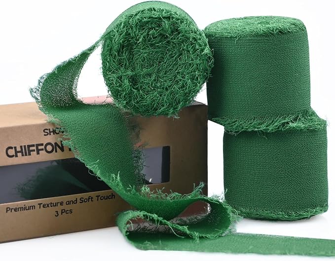 3 Rolls Bright Green Handmade Fringe Chiffon Ribbon 1.5&#x22; x 7Yd Silk-Like Ribbon Colorful Rustic Ribbon for Bouquets Wrapping Decor Wedding Tie Invitations Crafts