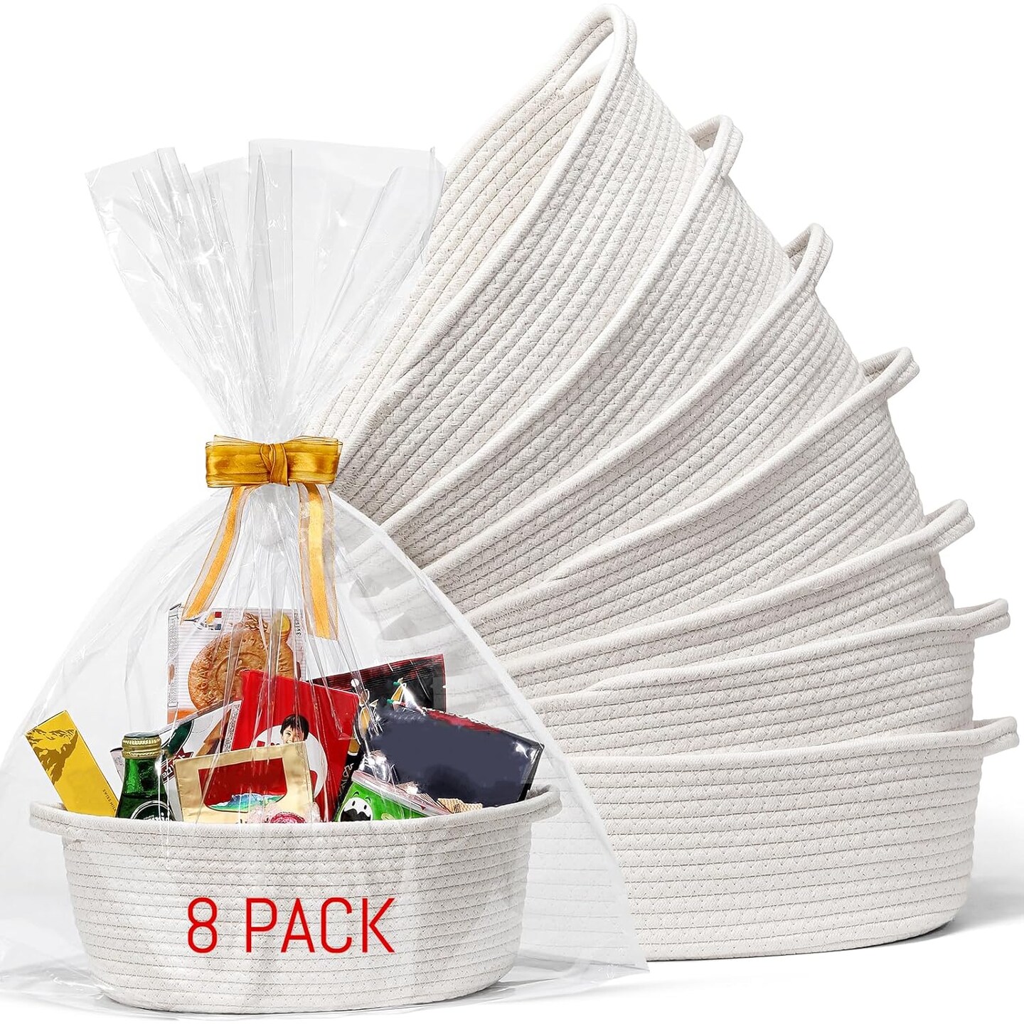 4 Pack Small Woven Basket with Handles, All 12&#x22;x 8&#x22;x 5&#x22;, Cotton Rope Room Shelf Storage Basket, Cat Toys, Cute Baby Gift Basket with Gift Bags and Ribbons for Nursery, Empty Decorative Gift Chest Box