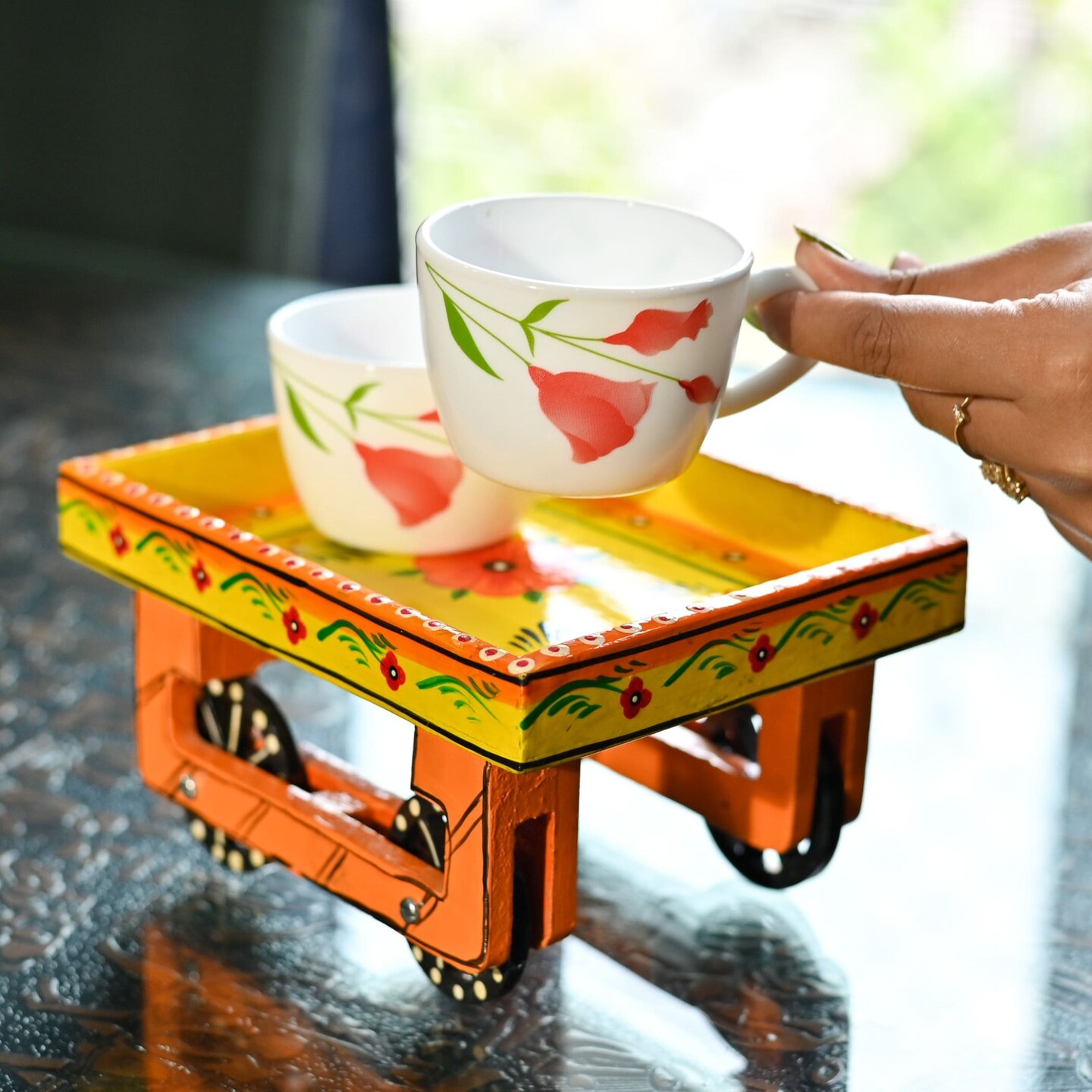 Wooden Trolley with Wheels Hand Painted Serving Tray Indian Decorative Platter for Snack Tea Home Kitchen Restaurant Table Decor Great Gift Idea