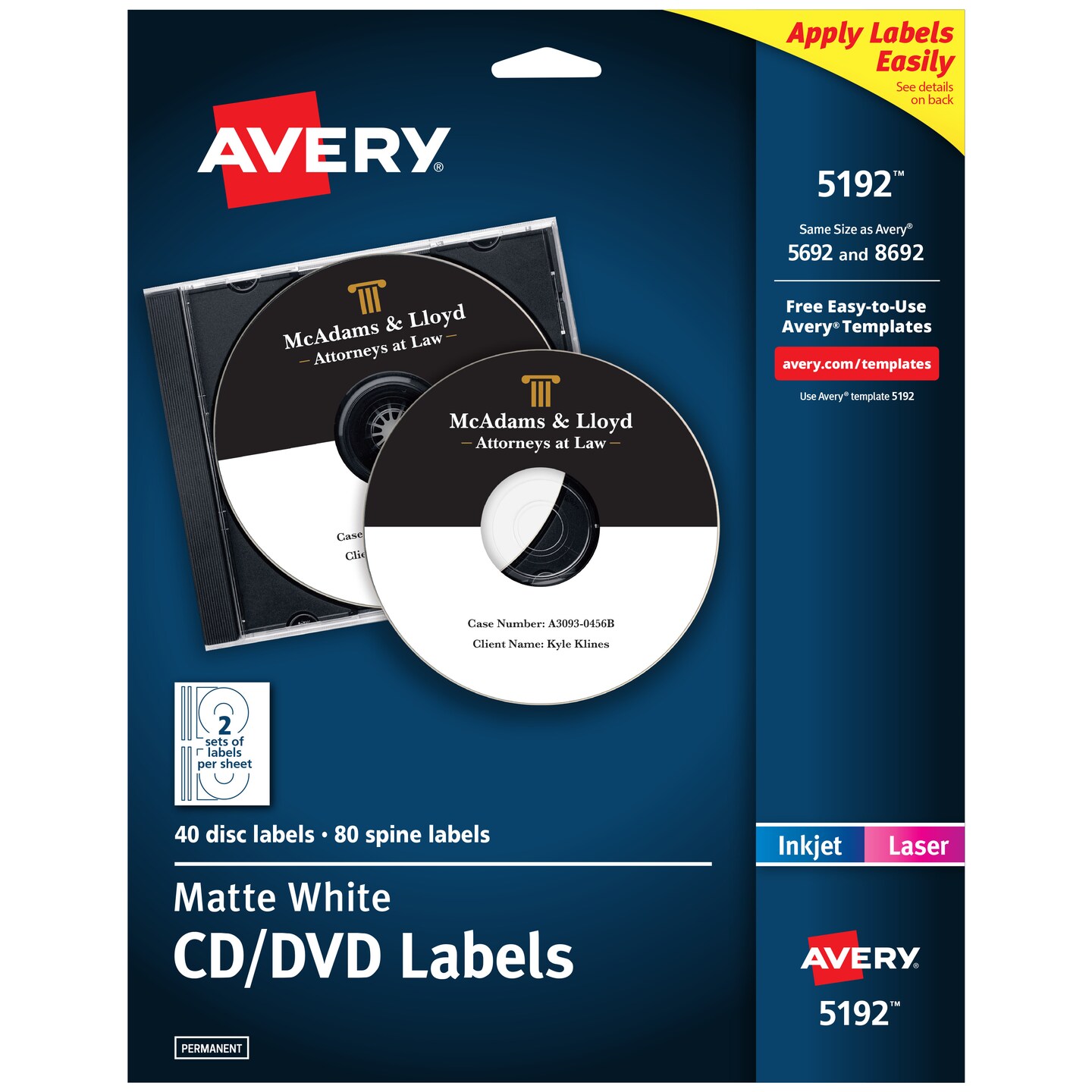 Avery Printable CD Labels, Matte White, Permanent Adhesive, Laser &#x26; Inkjet Printers, 40 Blank CD Labels &#x26; 80 Spine Labels (5192)