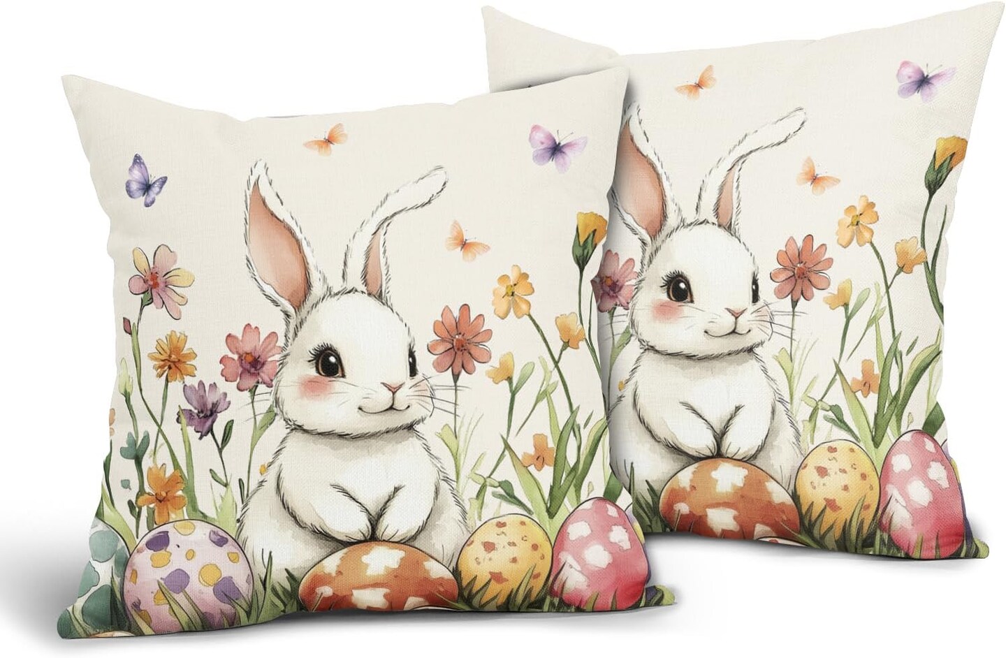 Happy Easter Pillow Covers 18x18 – Set of 2 Bunny, Egg & Floral Outdoor Throw Pillowcases