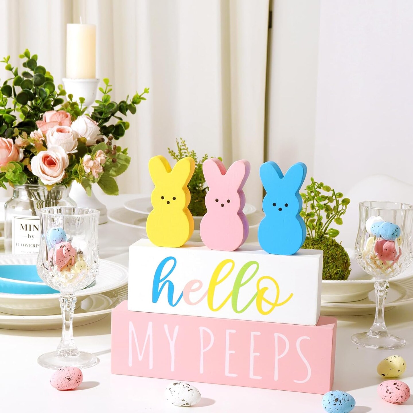 Easter Decorations for the Home: 5pcs Easter Bunny Wooden Table Centerpiece Signs