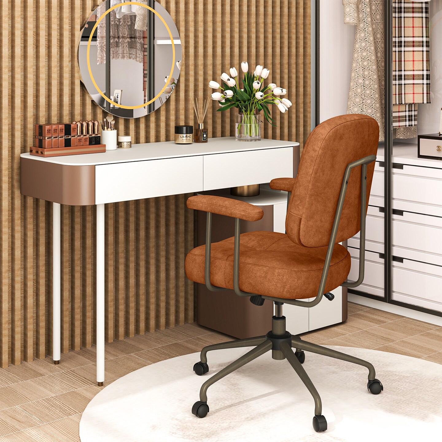 Height Adjustable Upholstered Office Chair with Cushioned Back and 5-Rolling Casters