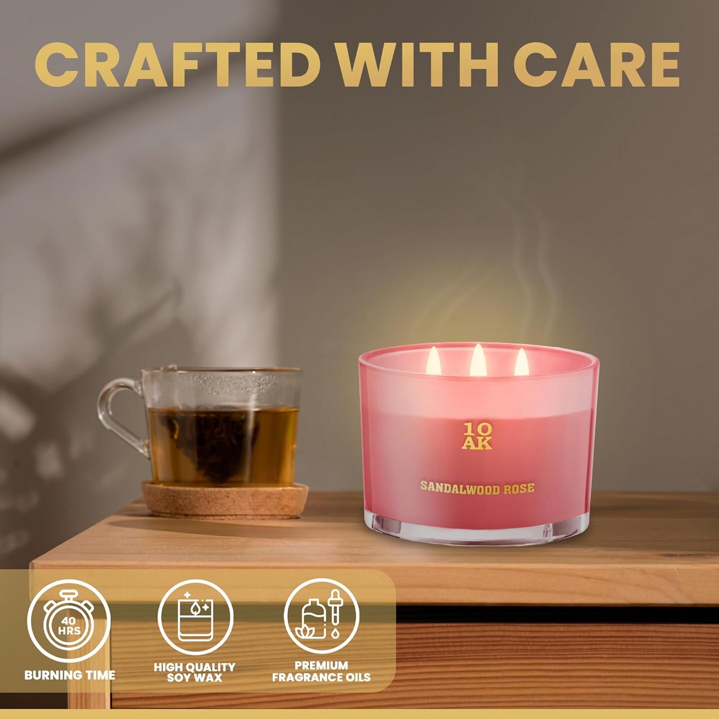 Rose Candle - 3 Wick Candle (12.4oz) - Large Soy Wax Scented Candle - Luxury Candles for Home - Elegant Candles - Housewarming Gift for Women and Men