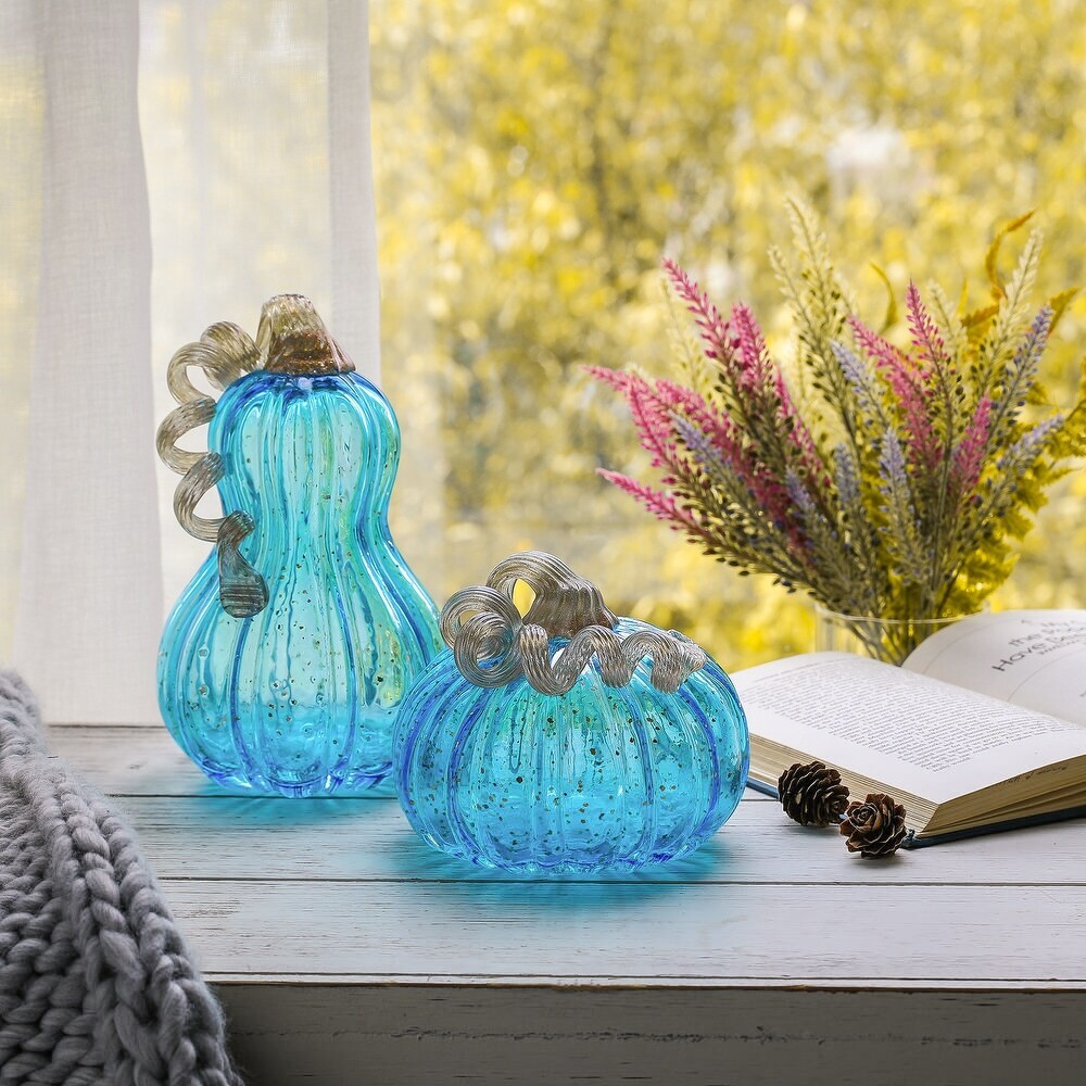 Set of 2 Blue Glass Pumpkin Fall Thanksgiving Table Decors