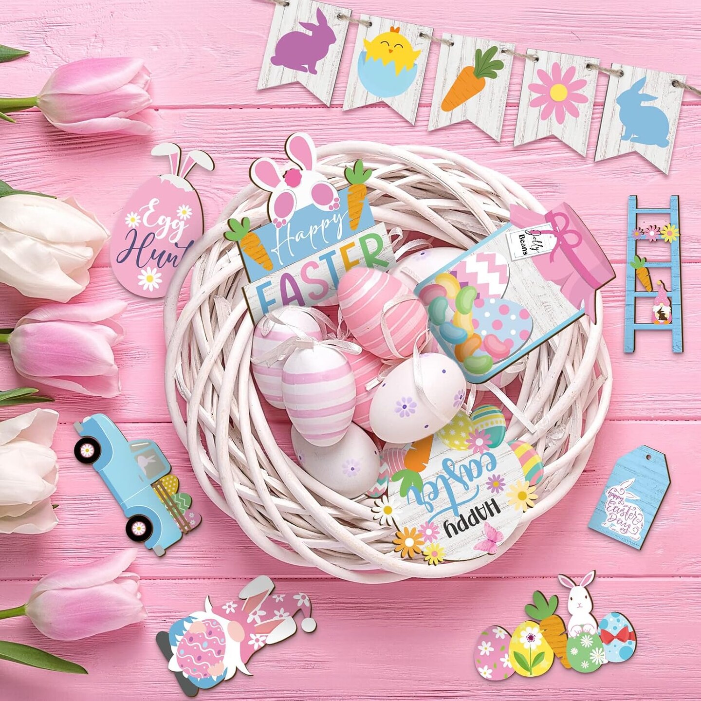 Easter Tiered Tray Decor Happy Easter Tiered Tray Ornament Rustic Farmhouse Spring Sign Bunny Truck Gnome Egg Wooden Sign