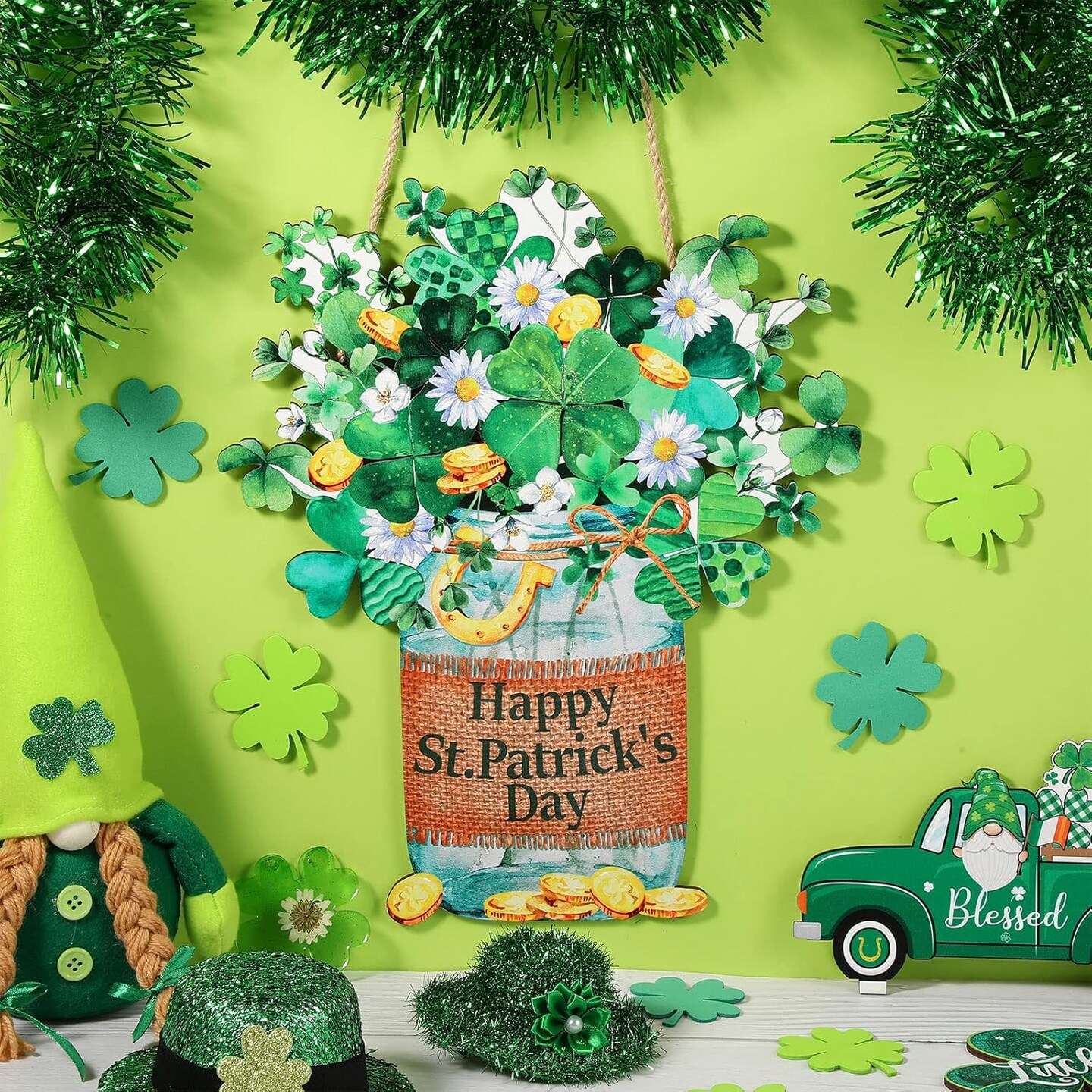 Happy St. Patrick's Day Door sign Patrick's Shamrock Jar Hanging Sign Irish Welcome Door Sign Spring Rustic Wood
