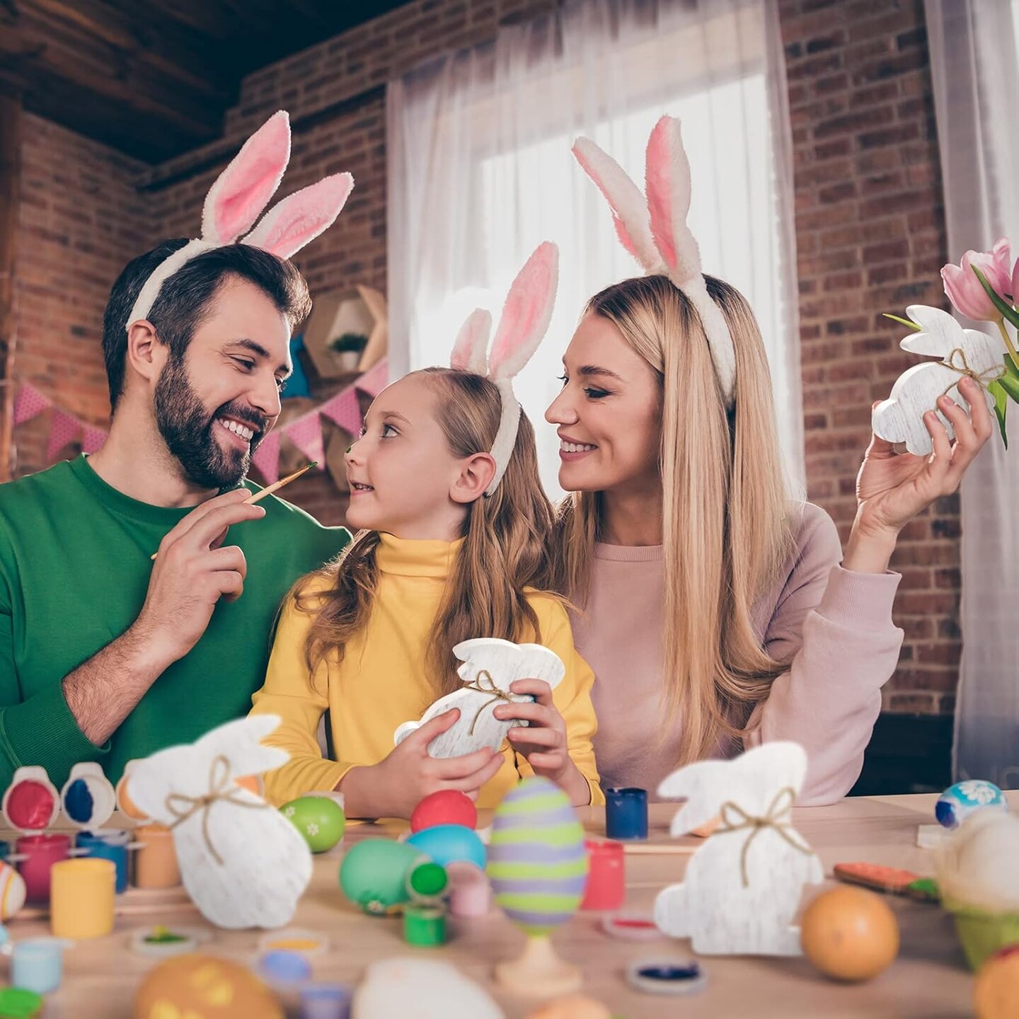 6 Pieces Easter Bunny Table Wooden Signs Bunny Shaped Farmhouse Decor White Spring Bunny Wood Tabletop Easter Centerpieces for Dinning Room Table Decor Sign Wood Bunny Decor with Rope (Classic)