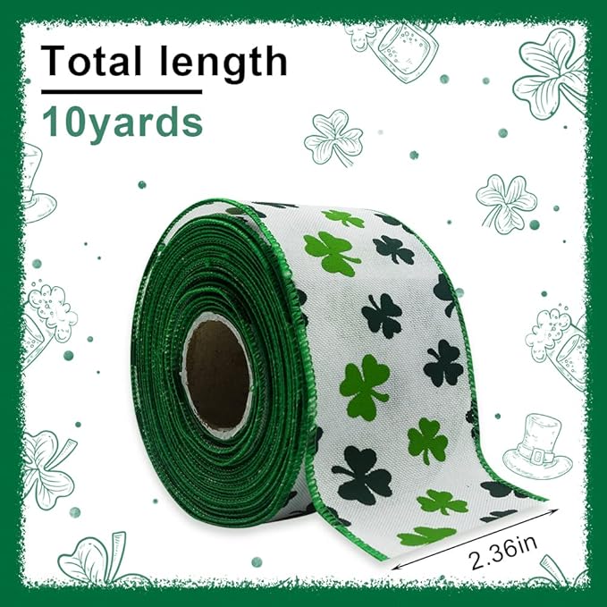 Saint Patrick&#x27;s Day Fabric Ribbons, Green Clovers Edge Wired Burlap Ribbon for St Patrick Day Decor Irish Hanging Wrapping Party Gift Decoration Outdoor Crafts Supplies (2.5 Inch * 10 Yards * 1 Roll)