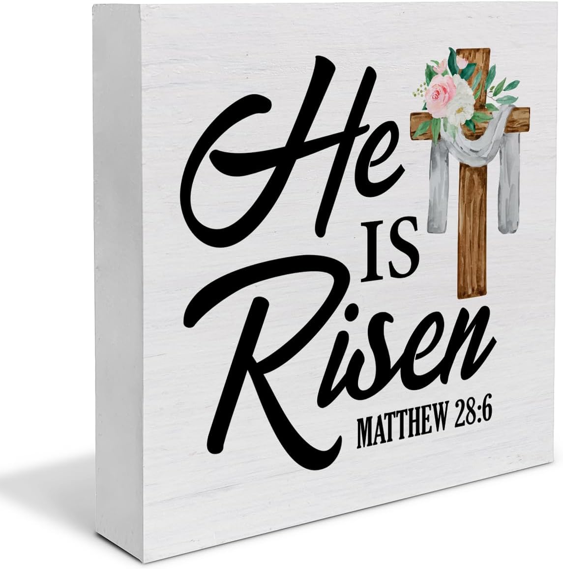 Christian Decor, He is Risen Bible Verse Wood Sign Scripture Easter Decorations Tabletop Shelf Desk Home Decor, 5 X 5 Inches