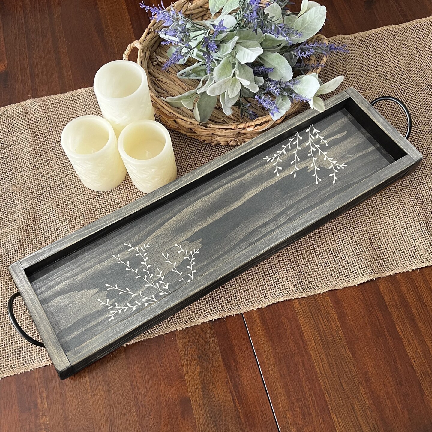 24 in Farmhouse Style Long Wood Tray with Basket Style Handles