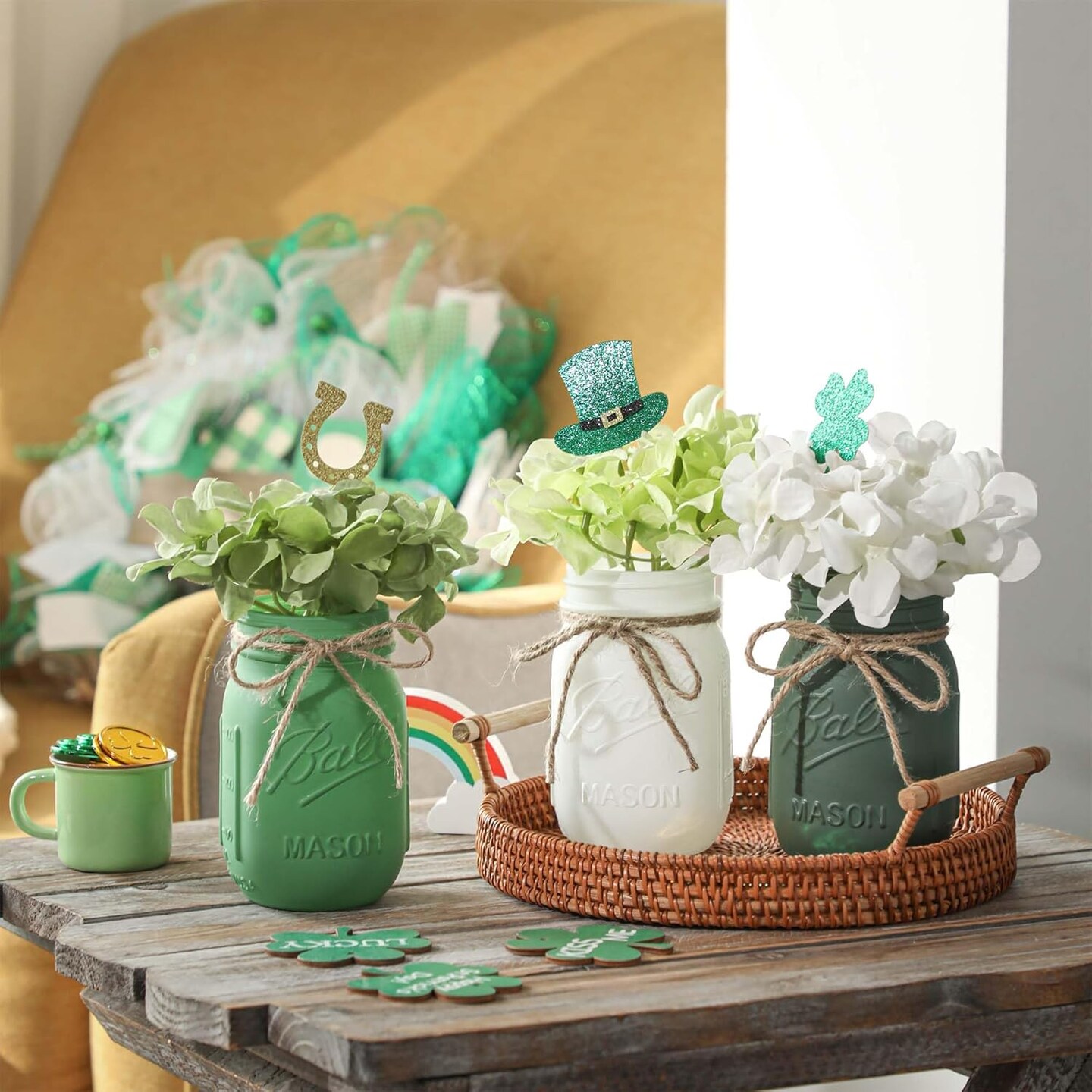 St Patrick Decorations, Green Mason Jar Centerpiece for Table with Wood Tray &#x26; Flowers Set of 3