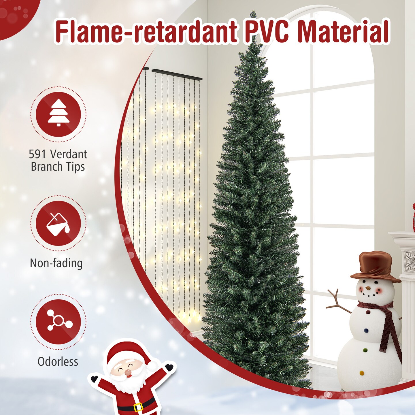 Pre-lit Pencil Artificial Christmas Tree with Warm White LED Lights
