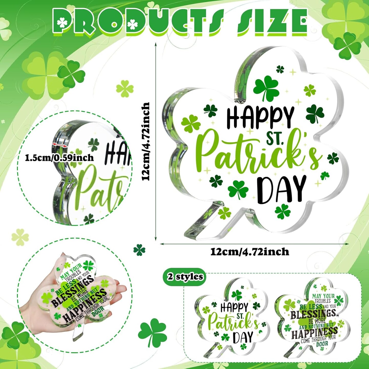 2 Pcs St Patricks Day Gifts Acrylic Shamrocks St Patricks Day Decor for Table, Office Desk, Shelf, Mantle May Your Troubles Be Less Happy Clovers Keepsake Gifts for Home Office, 4.72 x 4.72 inches
