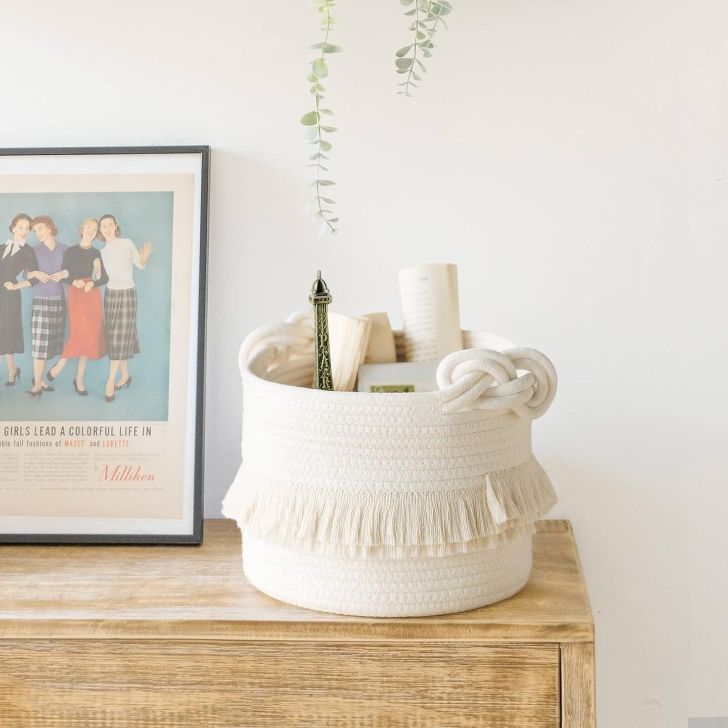 Small Woven Storage Baskets Cotton Rope Decorative Hamper for Diaper, Blankets, Magazine and Keys, Cute Tassel Nursery Decor - Home Storage Container – 9.5'' x 7'' Off-white