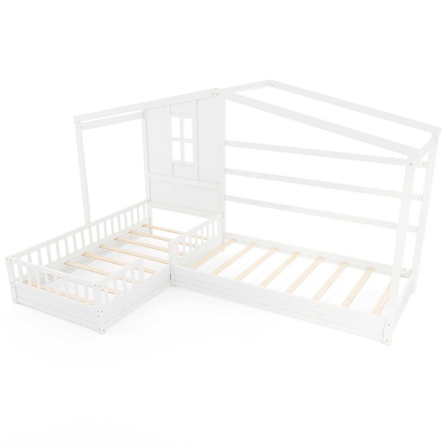 L-shaped Corner Twin House Bed with Guardrails, Creative Roof Design, Solid Wood Frame, and Easy Access