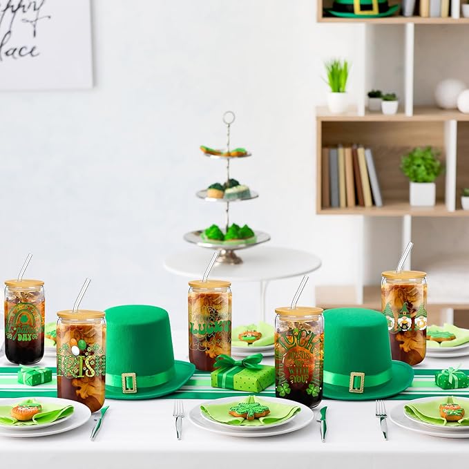 12 Set St Patrick&#x27;s Day Glass Cups 16oz Drinking Glasses with Lids and Straws,Irish Shamrock Can Shaped Iced Coffee Cup for Lucky St Patrick&#x27;s Day Party Supplies Gifts(Cute Style)