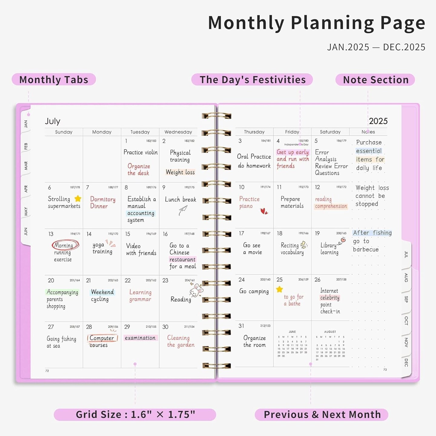 2025 Planner, Bullet Dotted Journal Style, Weekly and Monthly Planner, Jan 2025 - Dec 2025, Medium 5.7&#x22; &#xD7; 8.3&#x22;, 2025 Calendar, 12-Monthly Tabs, Flexible Plastic Cover (Purple)