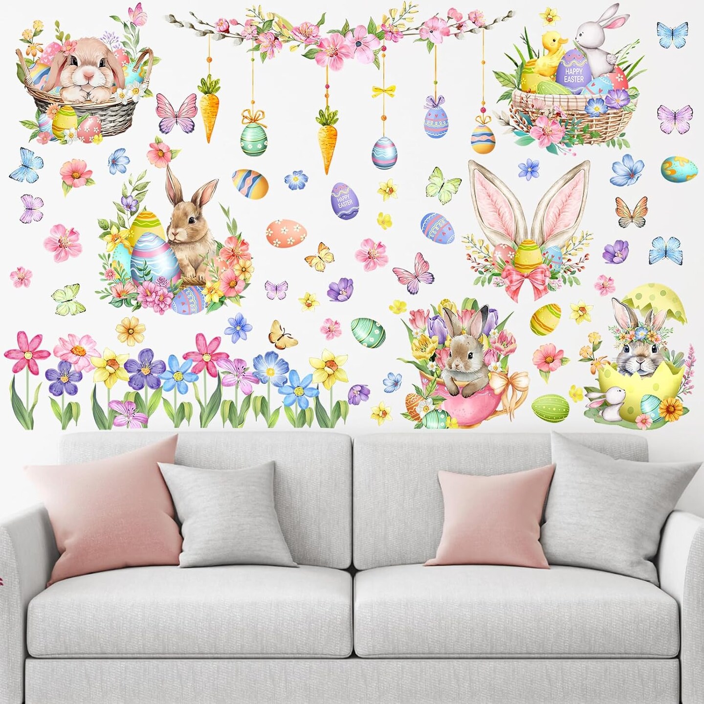 Large Easter Wall Stickers for Wall Decoration Easter Egg Branches Wall Stickers Peel and Stick Easter Window Stickers Living Room Bedroom and Nursery Supplies Spring Rabbit Stickers, 6 Sheets