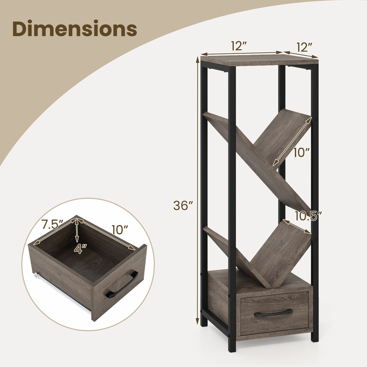 Grey 4 Tier Floor Tree Bookshelf with Drawer and Metal Frame Perfect for Any Room