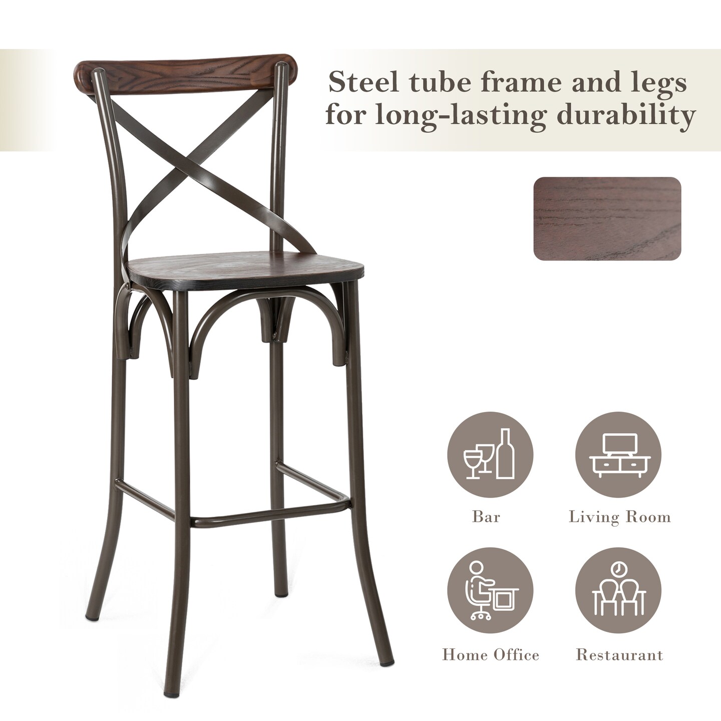 Industrial Rustic High Bar Stools With Solid Elm Wood Seat and Back Support &#x26; Bar Table With Adjustable Round