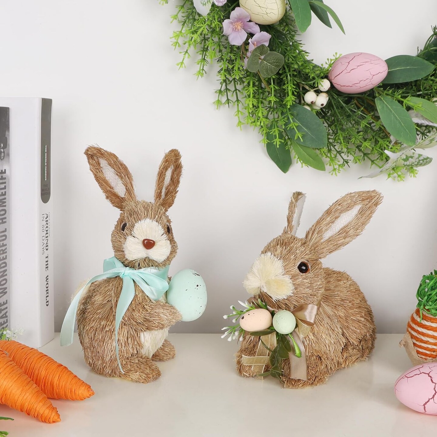 Set of 2 Easter Decorations Bunny Figurines with Eggs, Spring Straw Rabbit Tabletop Decor, Rustic Sisal Bunny Statues Springtime Decor for Home Table Office Kitchen Farmhouse