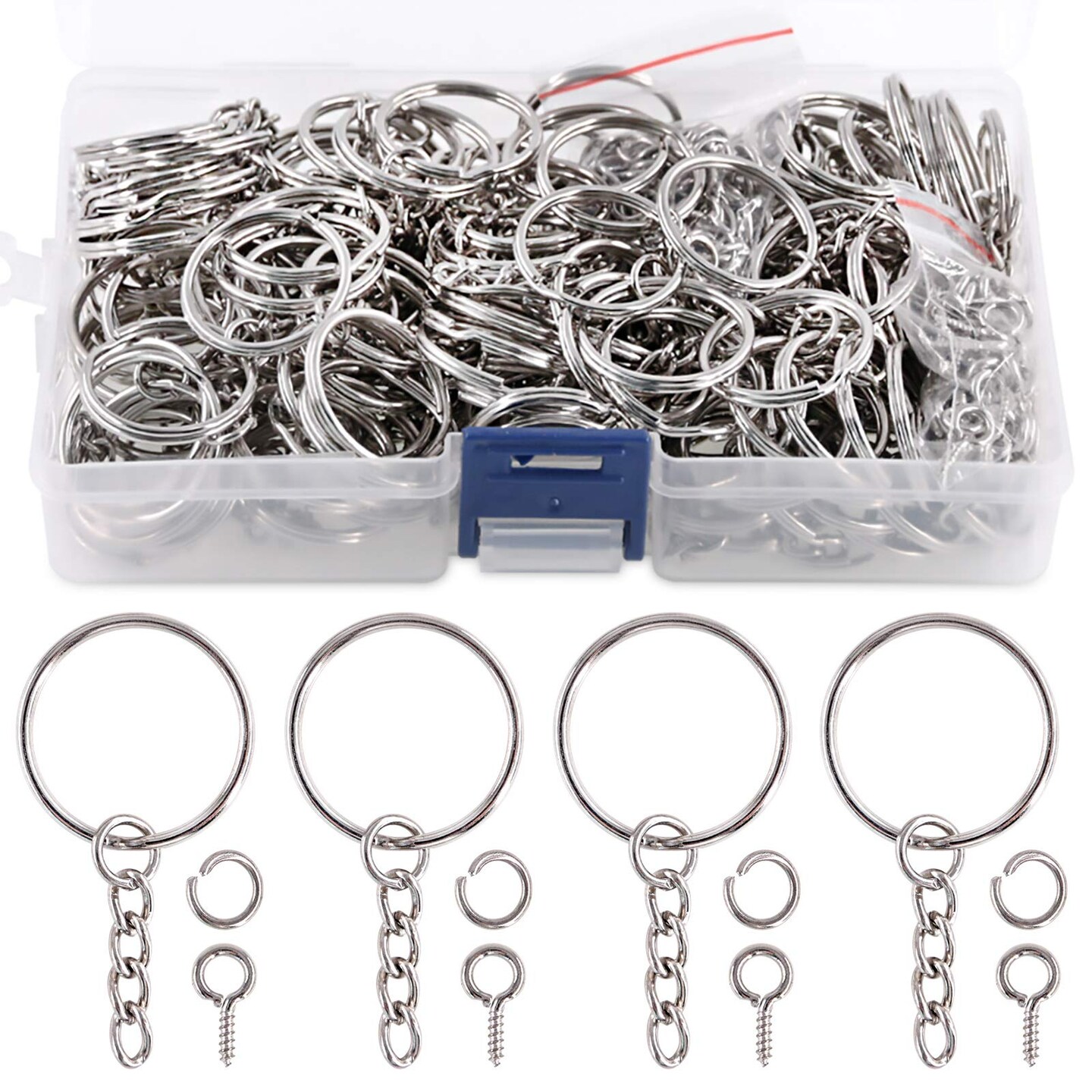 450Pcs 1&#x22; 25mm Sliver Key Chain Rings Kit, Including 150Pcs Keychain Rings with Chain and 150Pcs Jump Ring with 150Pcs Screw Eye Pins Bulk for Jewelry Findings Making (Sliver)