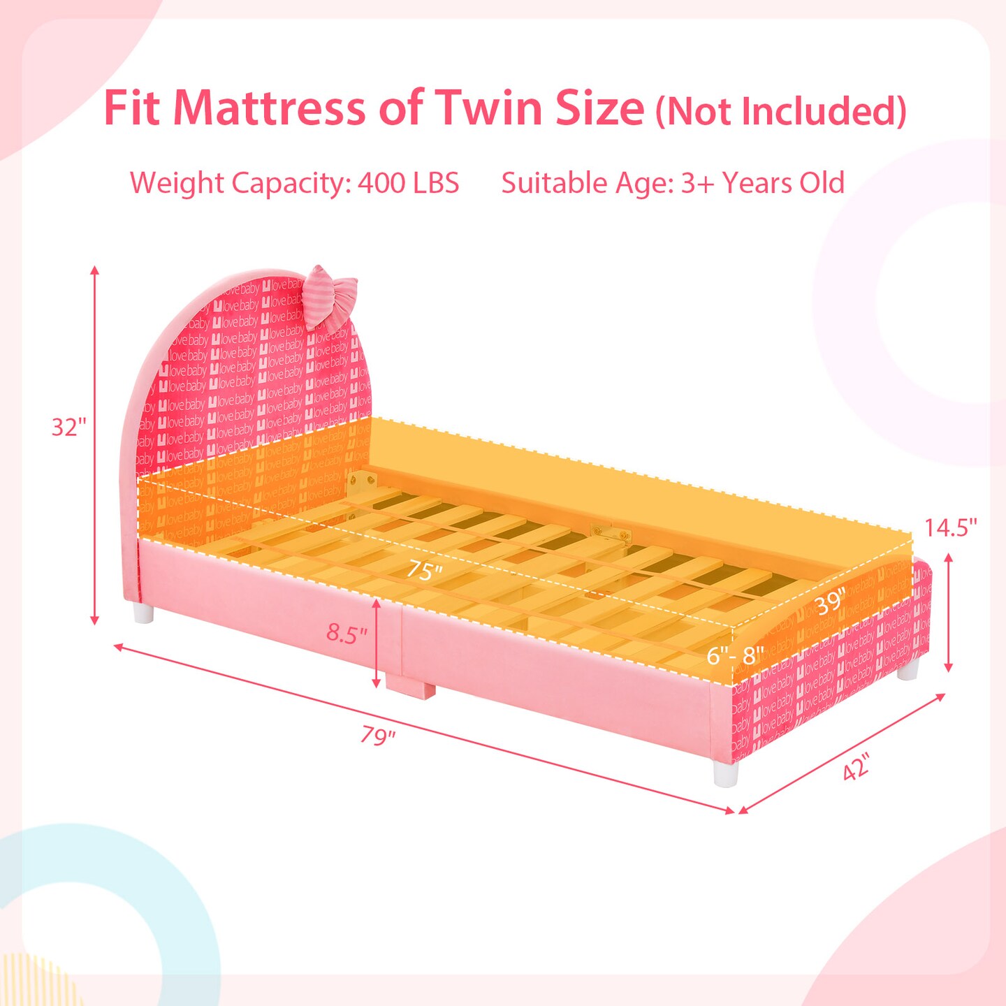 Wood Upholstered Kids Twin Bed Platform with Slat Support