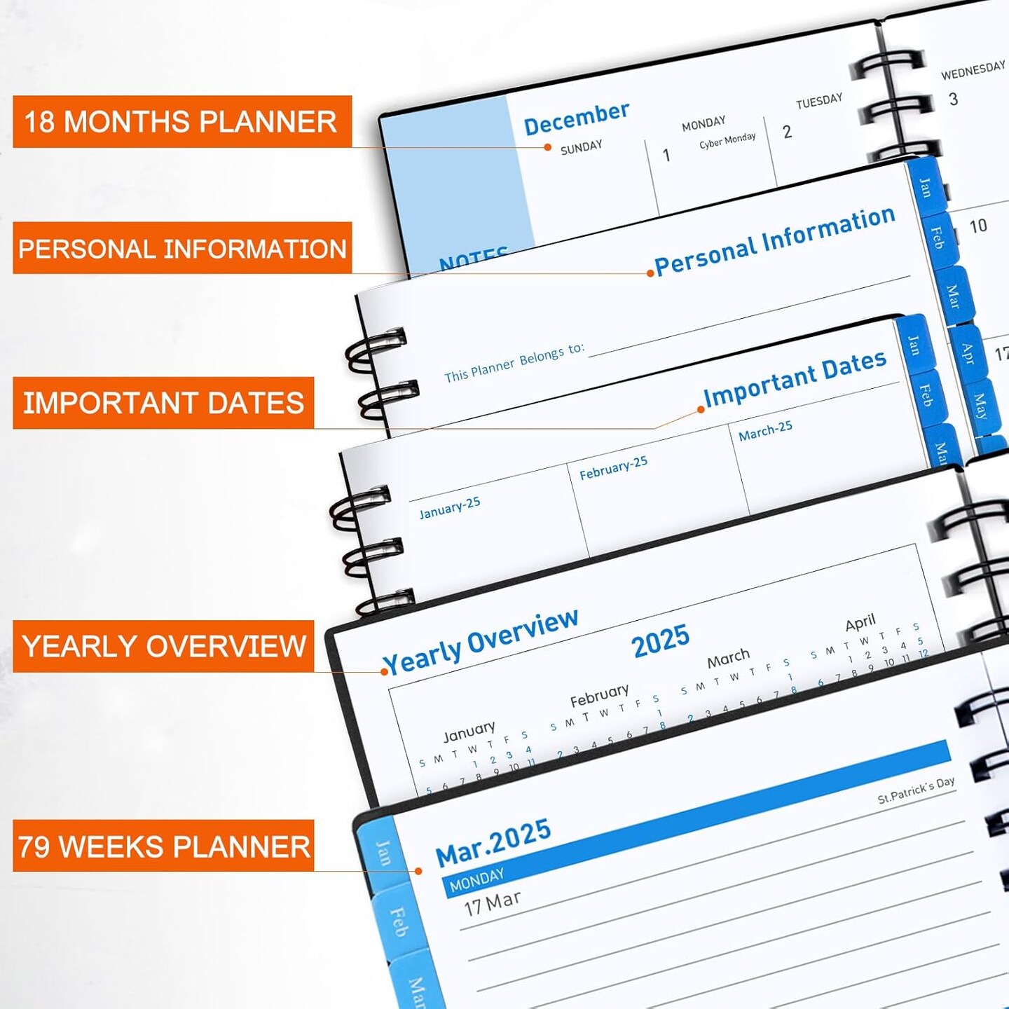 Daily Planner 2025-2026, 18 Month Planner with Tabs, Monthly Weekly Daily Planner 2025-2026, January 2025 - June 2026 Time Management Manual and Planner, 100GSM Thick Paper, A5 Size, Black