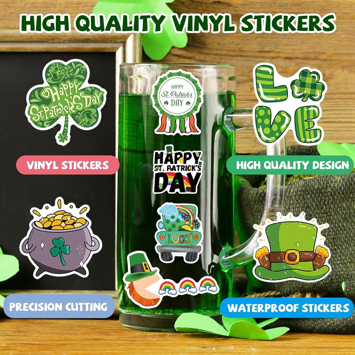 105 PCS St Patricks Day Stickers, Vinyl Waterproof Shamrock Stickers Irish Day Decals