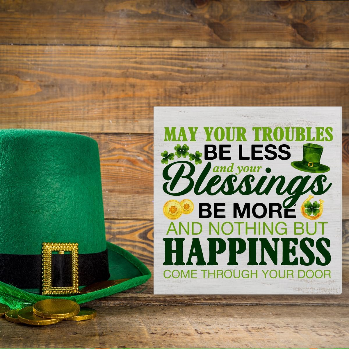 St. Patricks Day Decor, Rustic Irish Blessings Decor May Your Troubles Be Less Wood Block Sign Home Tabletop Shelf Desk Decor, St Patricks Day Decorations, 5 X 5 Inches