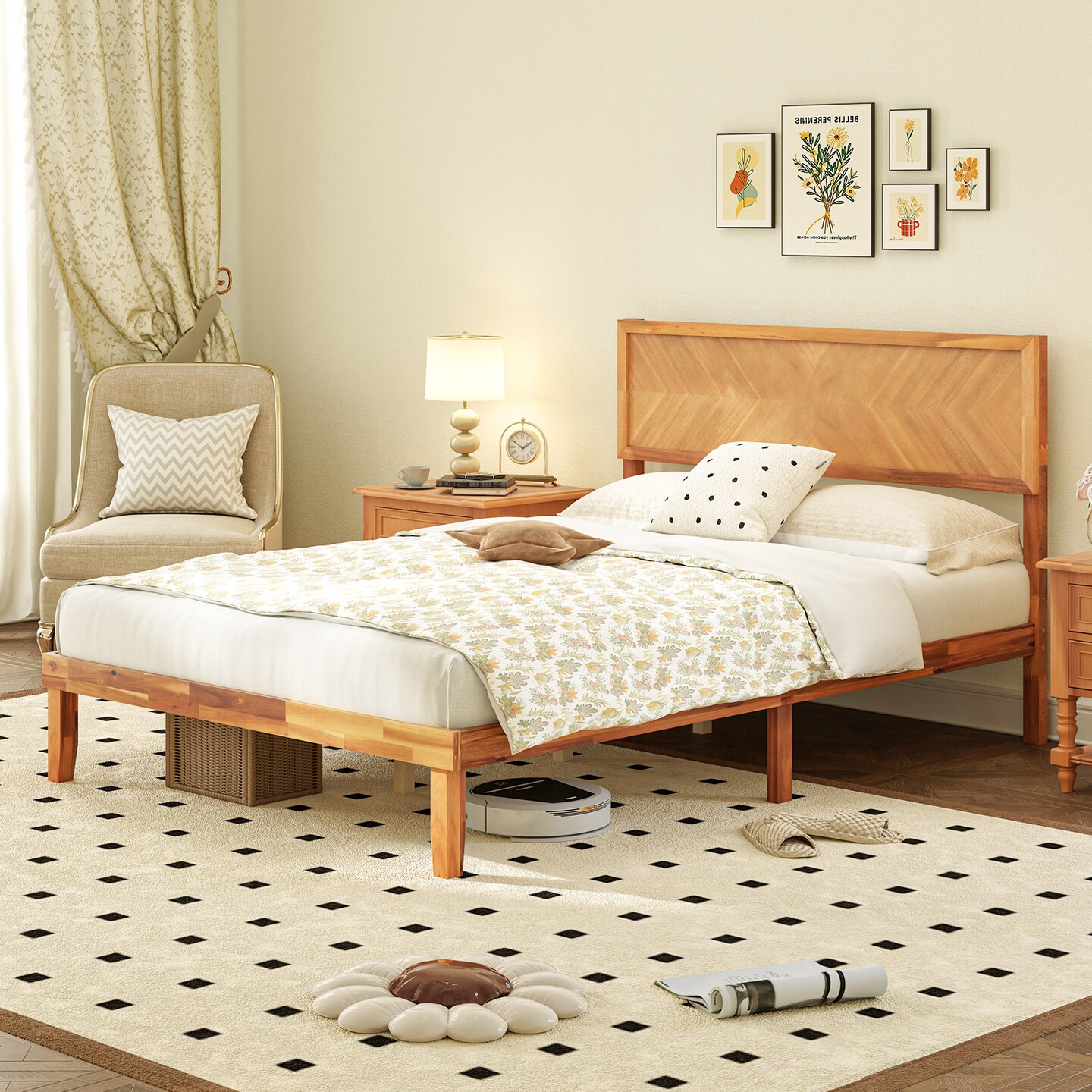 Rustic Golden Brown Acacia Wood MDF Platform Bed Frame with Headboard and Under-Bed Storage