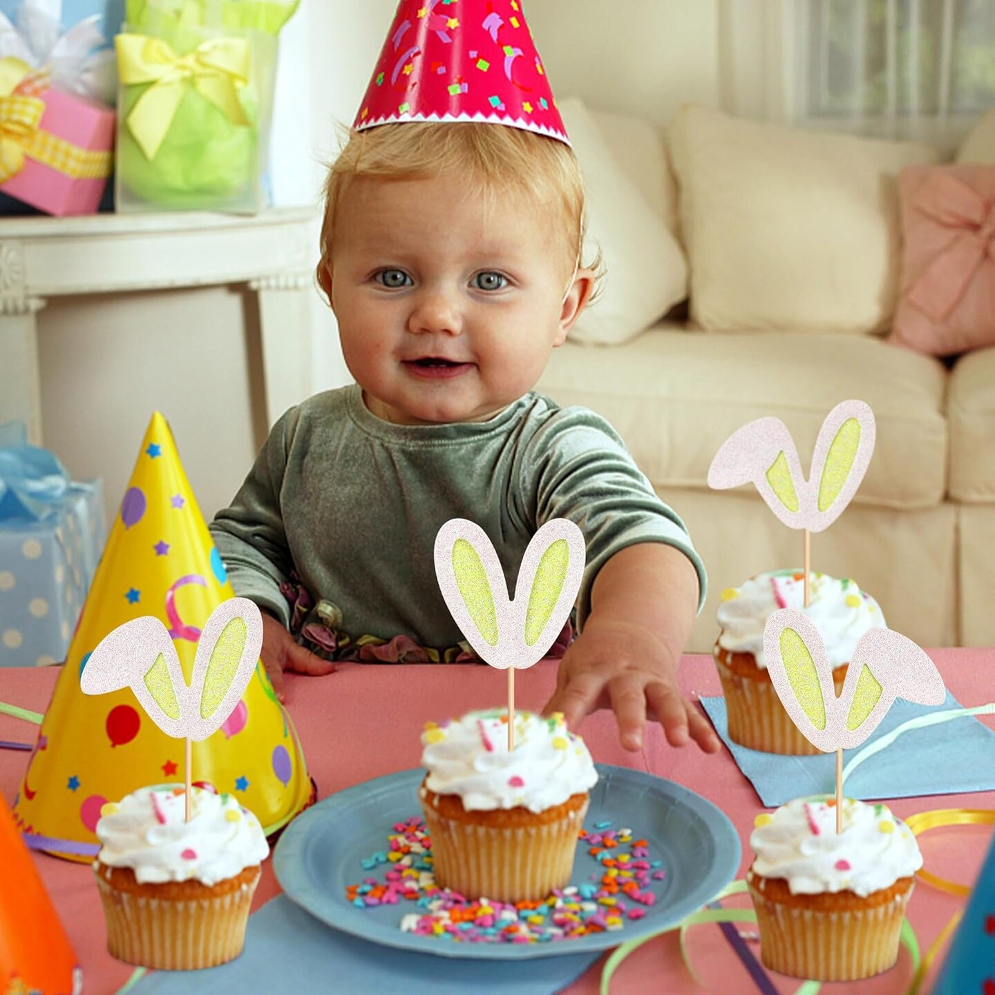 24 Pack Easter Bunny Ear Cupcake Toppers, Yellow Glitter Rabbit Ears Cupcake Picks, Easter Day Cake Toppers for Easter Theme Spring Birthday Baby Shower Party Supplies