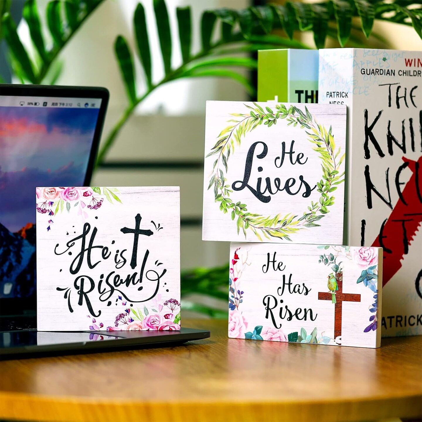 3 Pieces Easter Christian Table Decorations Signs He Is Risen Decor Wooden Inspirational Tiered Tray Block Signs Easter Spring Table Centerpieces He Lives Tabletop Decor for Holidays