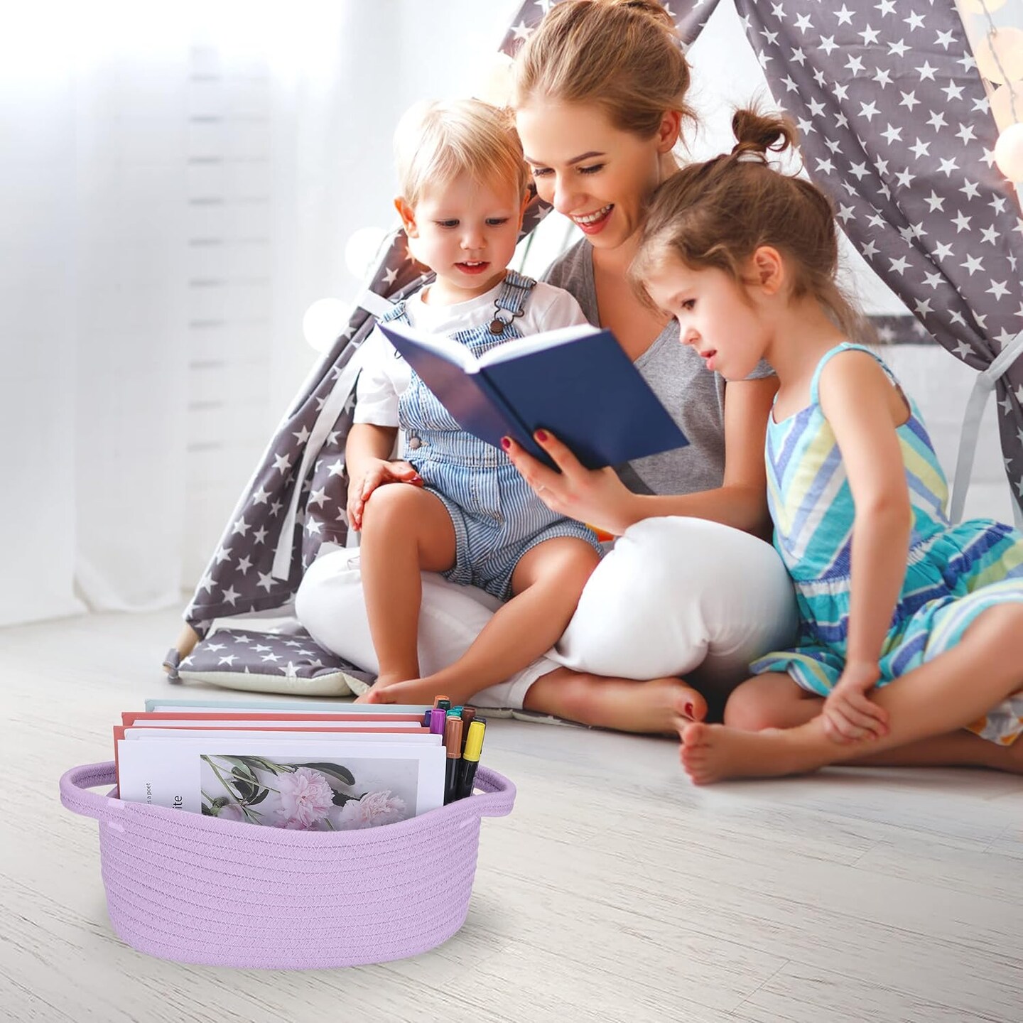 Small Woven Basket Cute Oval Cotton Rope Gifts Basket with Handle Empty Baby Wicker Storage Basket Nursery Box Bin Kids Organizer Cat Dog Toy Basket Easter Basket Light Purple Lavendor