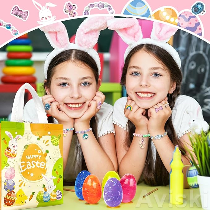 12Pcs Easter Surprise Eggs with Cute Bracelet &#x26; Ring Inside for Easter Theme Party Favors, Supplies for Easter Egg Hunt, Basket Stuffers/Fillers, Classroom Prize Supplies Toddler Boys Girls