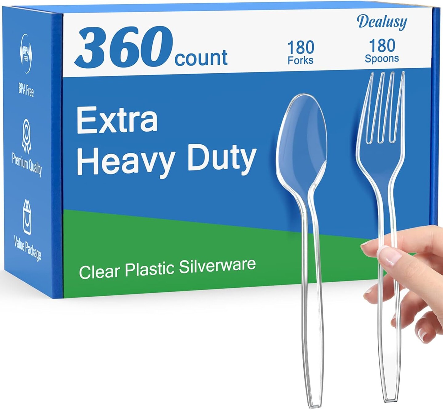 360 Count Extra Heavy Duty Clear Plastic Forks and Spoons, 180 Forks & 180 Spoons, Heat Resistant, Disposable Plastic Silverware, Disposable Spoons and Forks Set Plastic