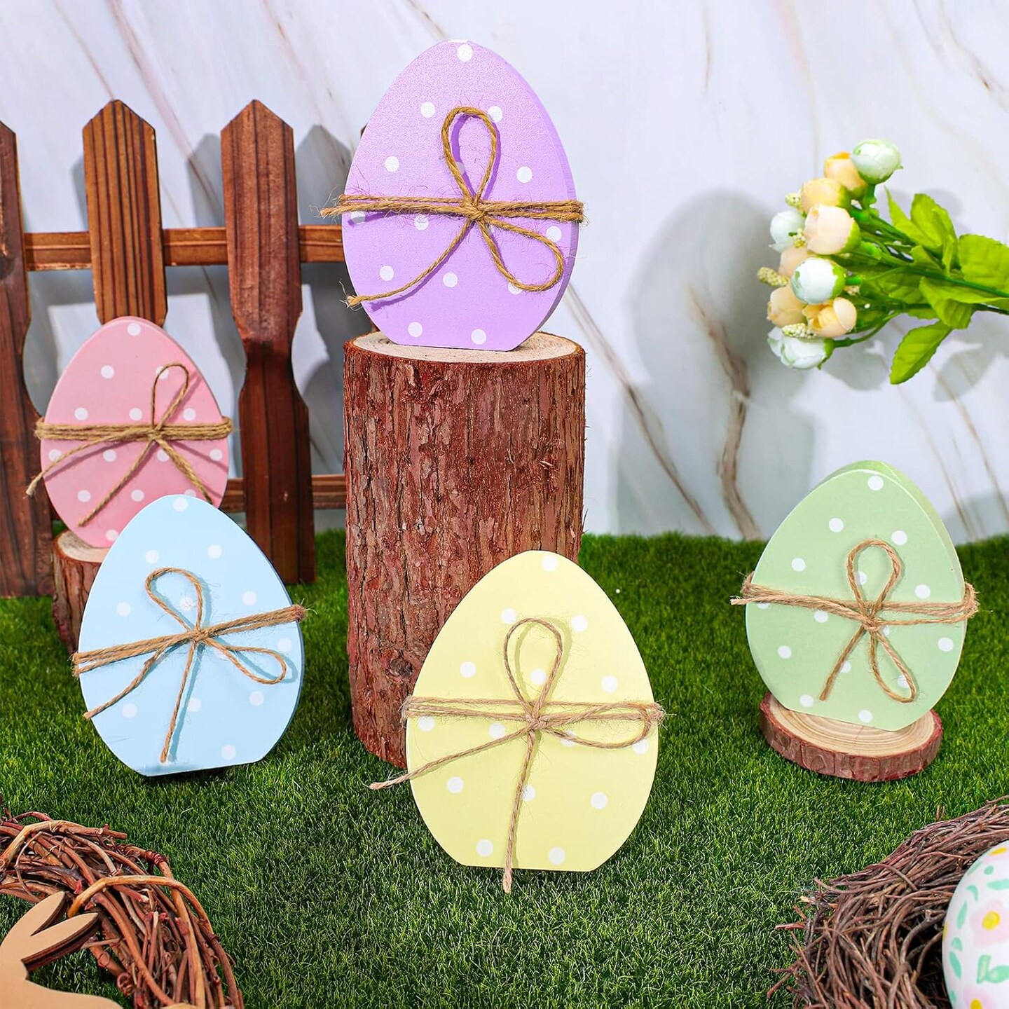 5Pcs Easter Egg Wooden Table Decor Polka Dots Egg Table Centerpieces Cute Spring Easter Standing Egg Wood Signs Easter Tiered Tray Tabletop Decoration with Rope for Home Party Decor