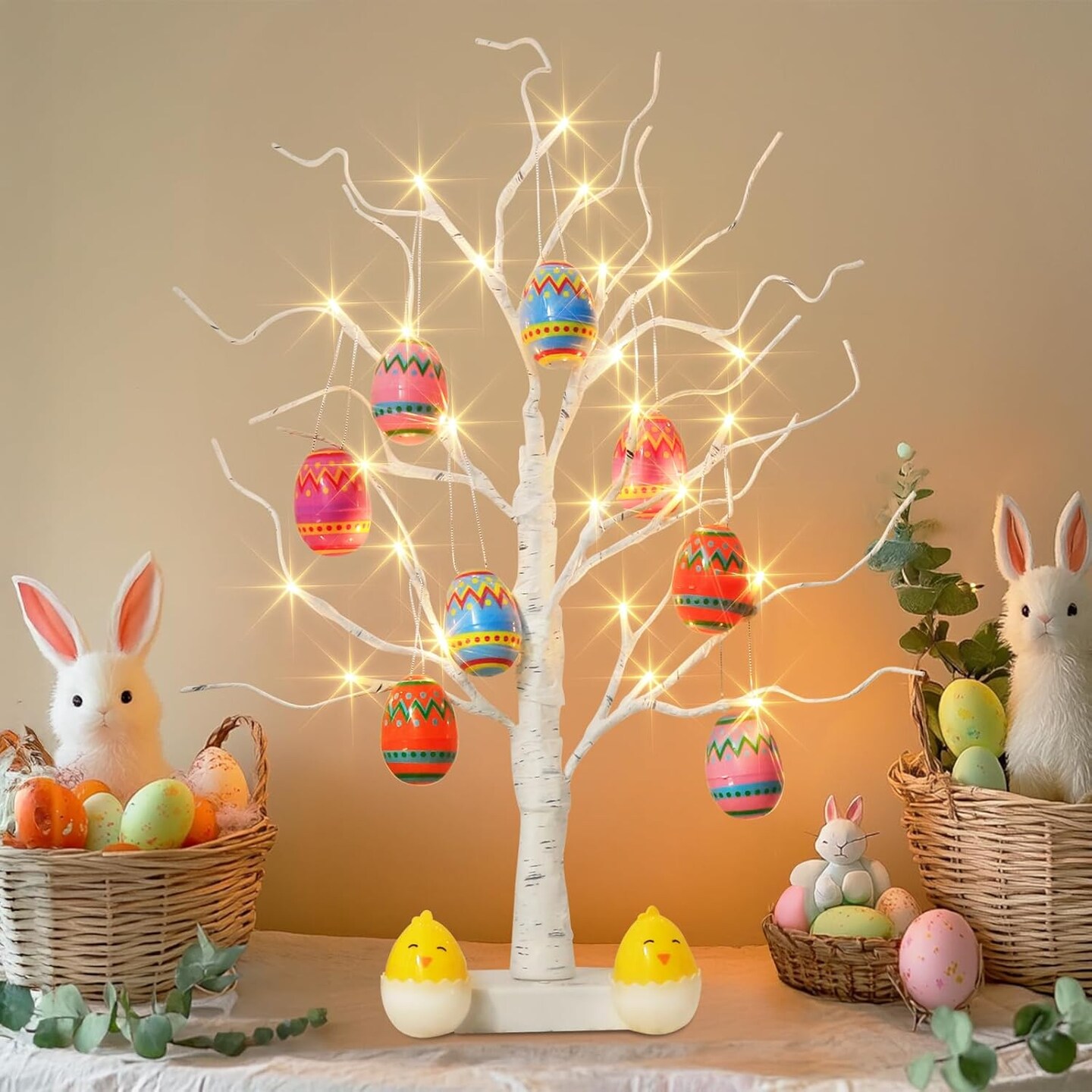 Easter Decorations, Easter Tree with 10pcs Eggs Ornaments, Lighted White Birch Tree with Timer Battery Powered, Twig Tree Tabletop Centerpiece Spring Decorations for Home Kids (2FT/24 LED)