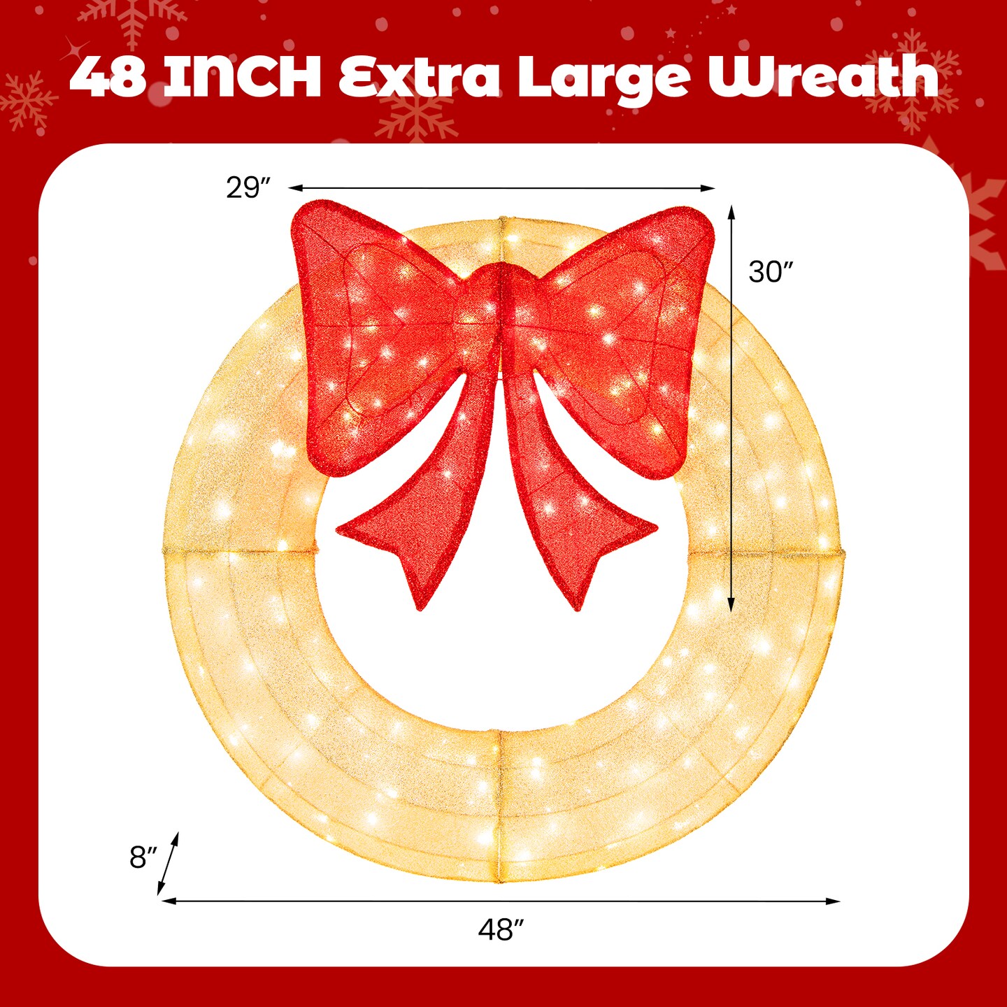 48 Inch Pre-Lit Lighted Christmas Mesh Wreath with Large Bow and 200 LED Bulbs