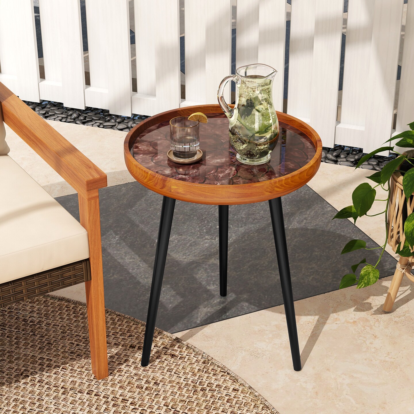 Brown Epoxy Resin Round End Table with Sea Shell Decoration – 16/20 Inch