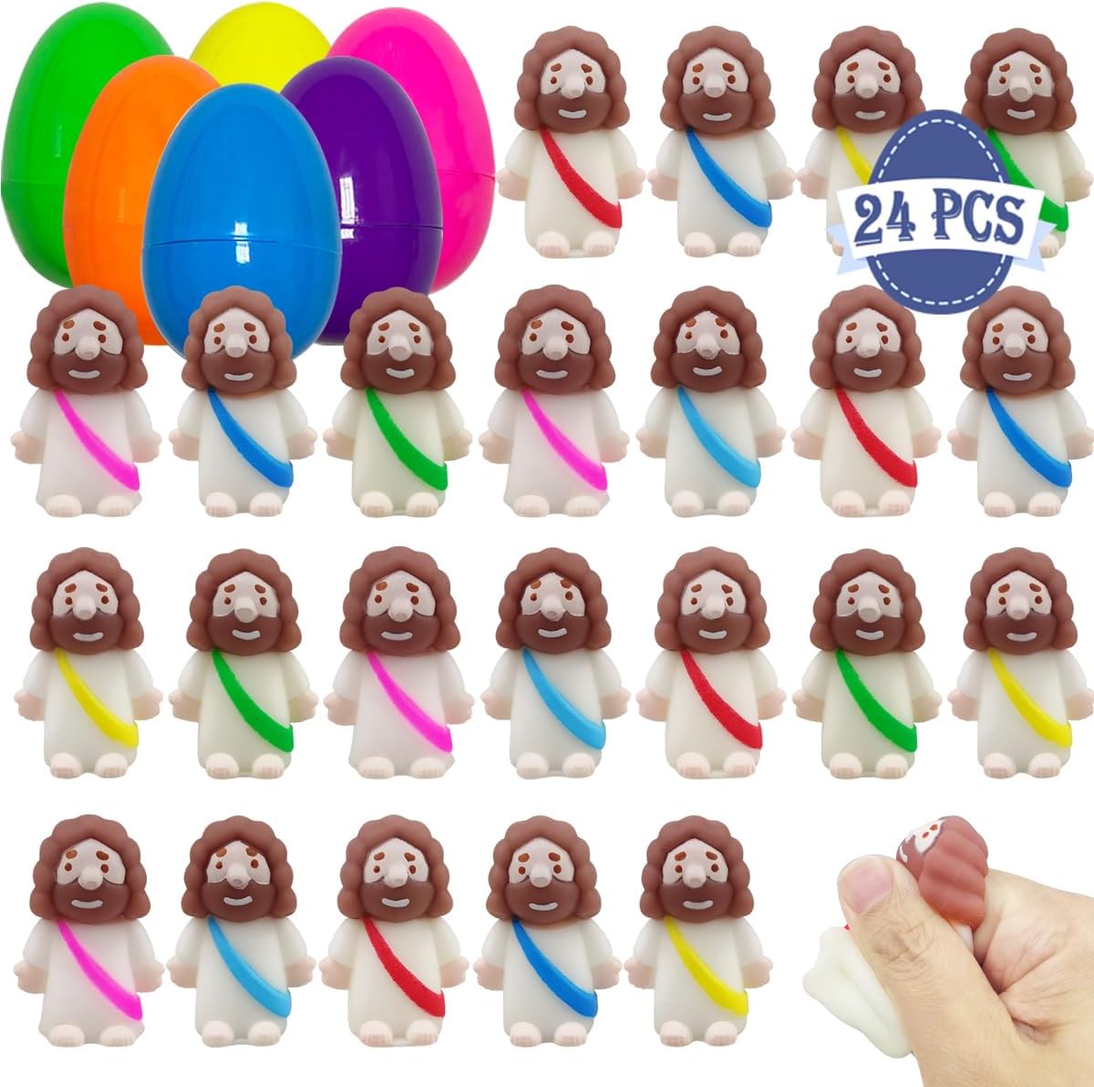 24 Pack Plastic Prefilled Easter Eggs with Mini Jesus Mochi Squishy Toys Inside