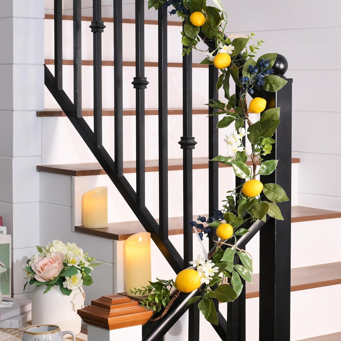 Spring Artificial Lemon Garland for Mantle with Lights, 6FT Summer Fake Fruit Garland Decoration for Stairs, Thin Faux Floral Greenery Vine for Table Centrepiece Farmhouse Home Decor