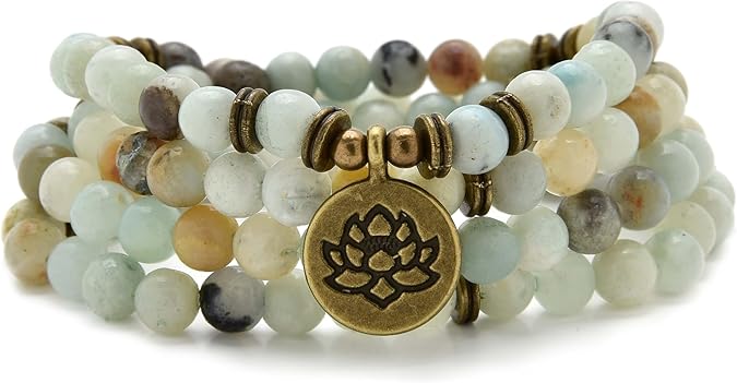 108 Healing Mala Beads Bracelet or Necklace with Gold Lotus Charm