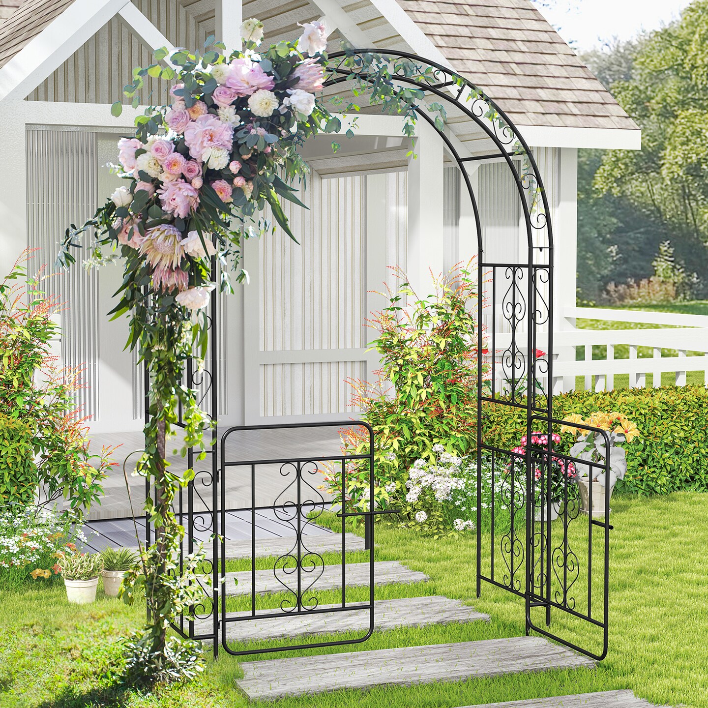 Garden Arbor with Gate with Multiple Side Crossbars and 4 Sharp Ground Stakes-Black